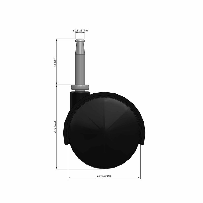 60mm Nylon Swivel Twin Wheel Caster with 5/16"x1.5" Tapered Wood Stem