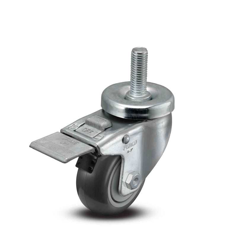 Main view of a Pemco Casters 3" x 1.25" wide wheel Swivel caster with 1/2"-13 x 1-1/2" stud, with a top total locking brake, Thermo-Urethane wheel and 270 lb. capacity part