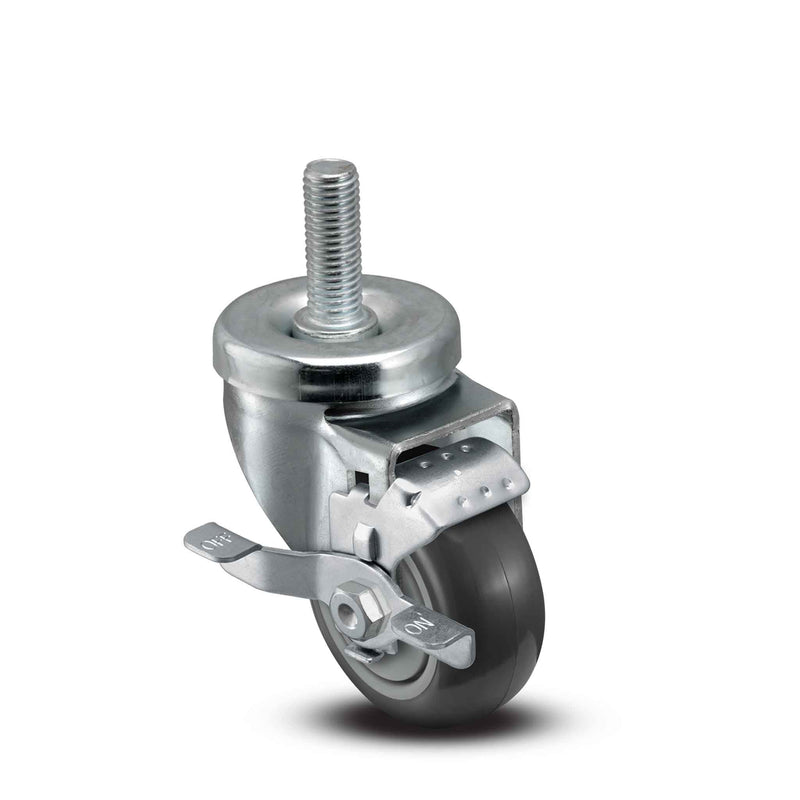Main view of a Pemco Casters 3" x 1.25" wide wheel Swivel caster with 1/2"-13 x 1-1/2" stud, with a side locking brake, Thermo-Urethane wheel and 270 lb. capacity part