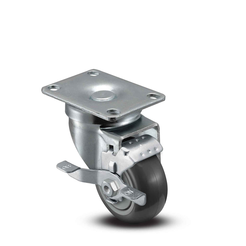 Main view of a Pemco Casters 3" x 1.25" wide wheel Swivel caster with 2-5/8" x 3-3/4" top plate, with a side locking brake, Thermo-Urethane wheel and 270 lb. capacity part