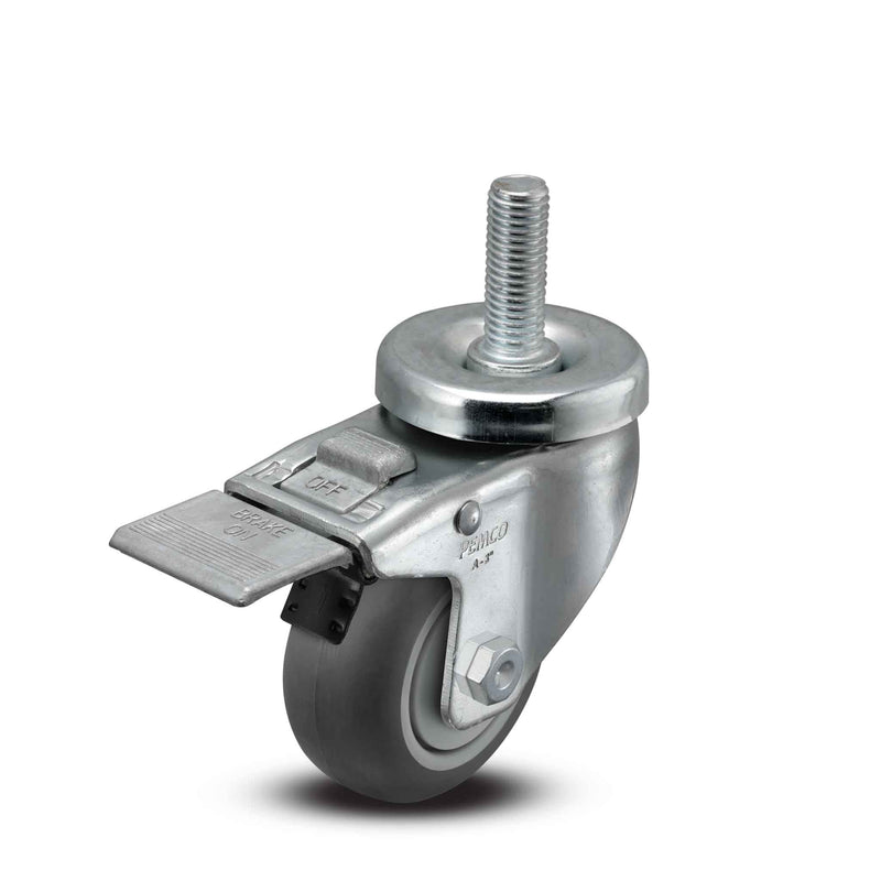 Main view of a Pemco Casters 3" x 1.25" wide wheel Swivel caster with 1/2"-13 x 1-1/2" stud, with a top total locking brake, Thermoplastic Rubber wheel and 210 lb. capacity part