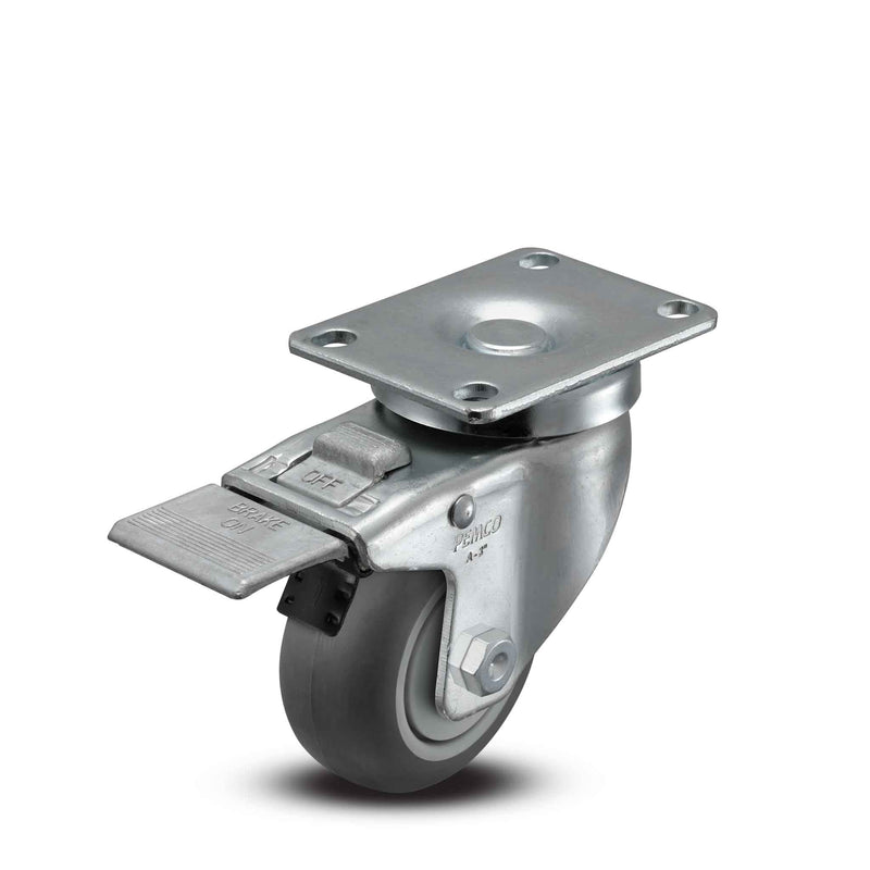 Main view of a Pemco Casters 3" x 1.25" wide wheel Swivel caster with 2-5/8" x 3-3/4" top plate, with a top total locking brake, Thermoplastic Rubber wheel and 210 lb. capacity part