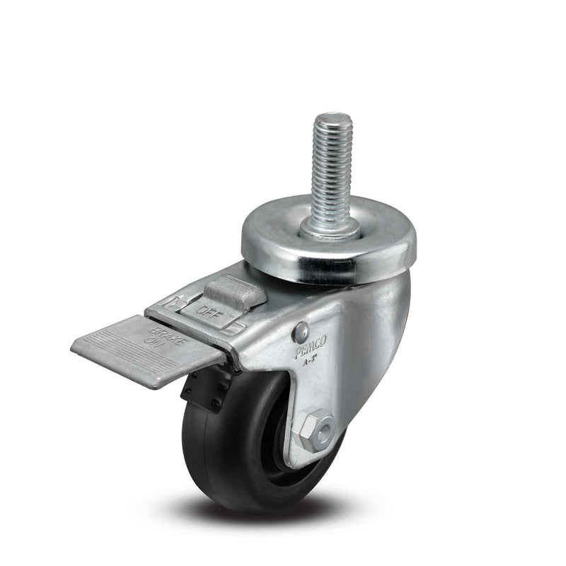 Main view of a Pemco Casters 3" x 1.25" wide wheel Swivel caster with 1/2"-13 x 1-1/2" stud, with a top total locking brake, Polypropylene wheel and 270 lb. capacity part