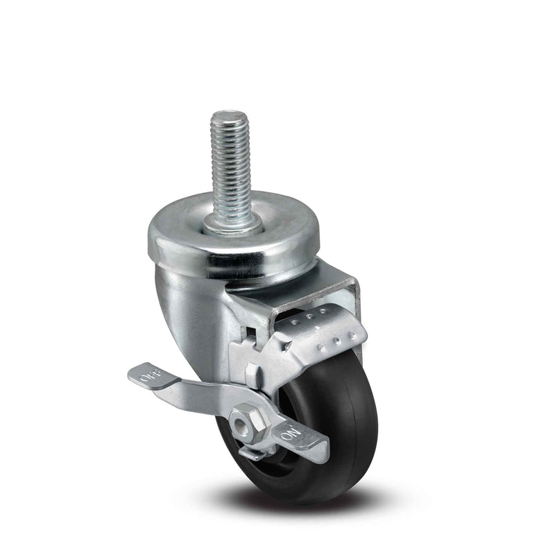 Main view of a Pemco Casters 3" x 1.25" wide wheel Swivel caster with 1/2"-13 x 1-1/2" stud, with a side locking brake, Polypropylene wheel and 270 lb. capacity part