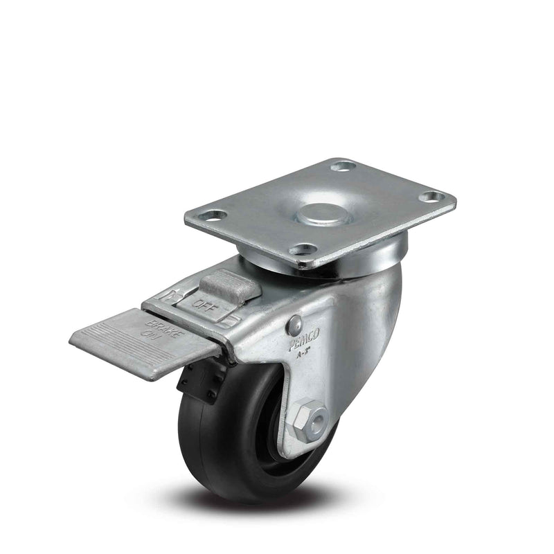 Main view of a Pemco Casters 3" x 1.25" wide wheel Swivel caster with 2-5/8" x 3-3/4" top plate, with a top total locking brake, Polypropylene wheel and 270 lb. capacity part