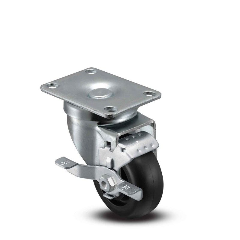 Main view of a Pemco Casters 3" x 1.25" wide wheel Swivel caster with 2-5/8" x 3-3/4" top plate, with a side locking brake, Polypropylene wheel and 270 lb. capacity part