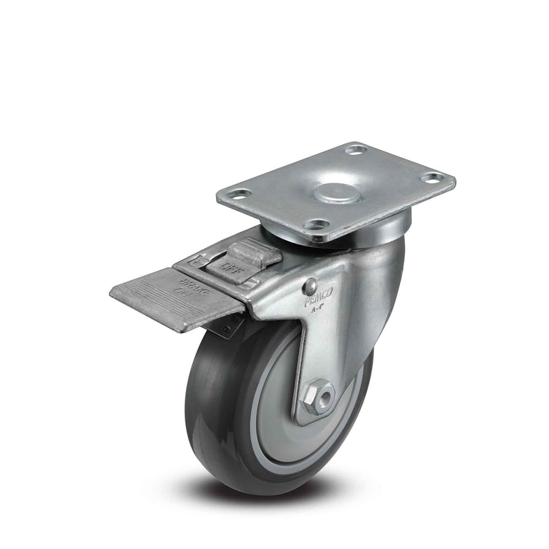 Main view of a Pemco Casters 4" x 1.25" wide wheel Swivel caster with 2-5/8" x 3-3/4" top plate, with a top total locking brake, Thermo-Urethane wheel and 275 lb. capacity part