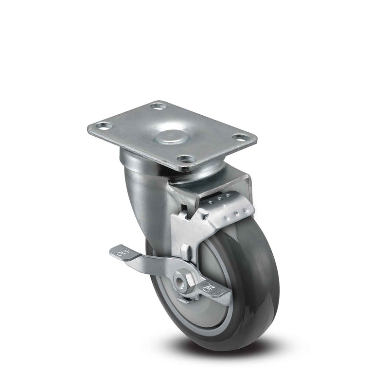 Main view of a Pemco Casters 4" x 1.25" wide wheel Swivel caster with 2-5/8" x 3-3/4" top plate, with a side locking brake, Thermo-Urethane wheel and 275 lb. capacity part