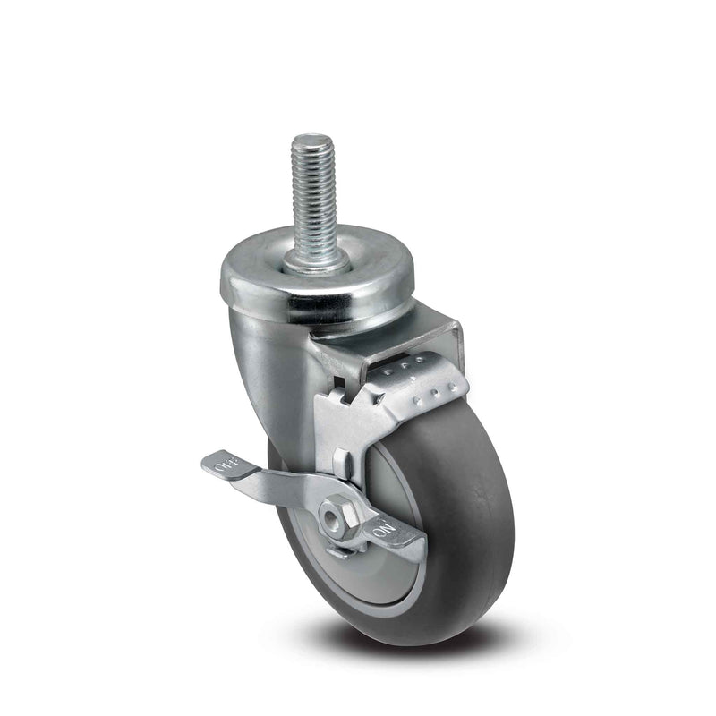 Main view of a Pemco Casters 4" x 1.25" wide wheel Swivel caster with 1/2"-13 x 1-1/2" stud, with a side locking brake, Thermoplastic Rubber wheel and 275 lb. capacity part