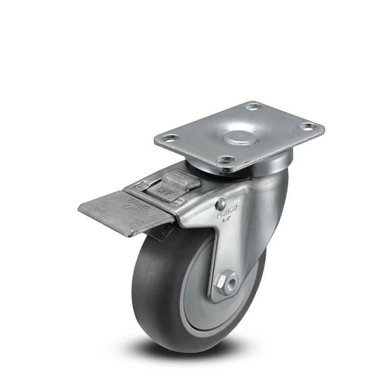 Main view of a Pemco Casters 4" x 1.25" wide wheel Swivel caster with 2-5/8" x 3-3/4" top plate, with a top total locking brake, Thermoplastic Rubber wheel and 275 lb. capacity part