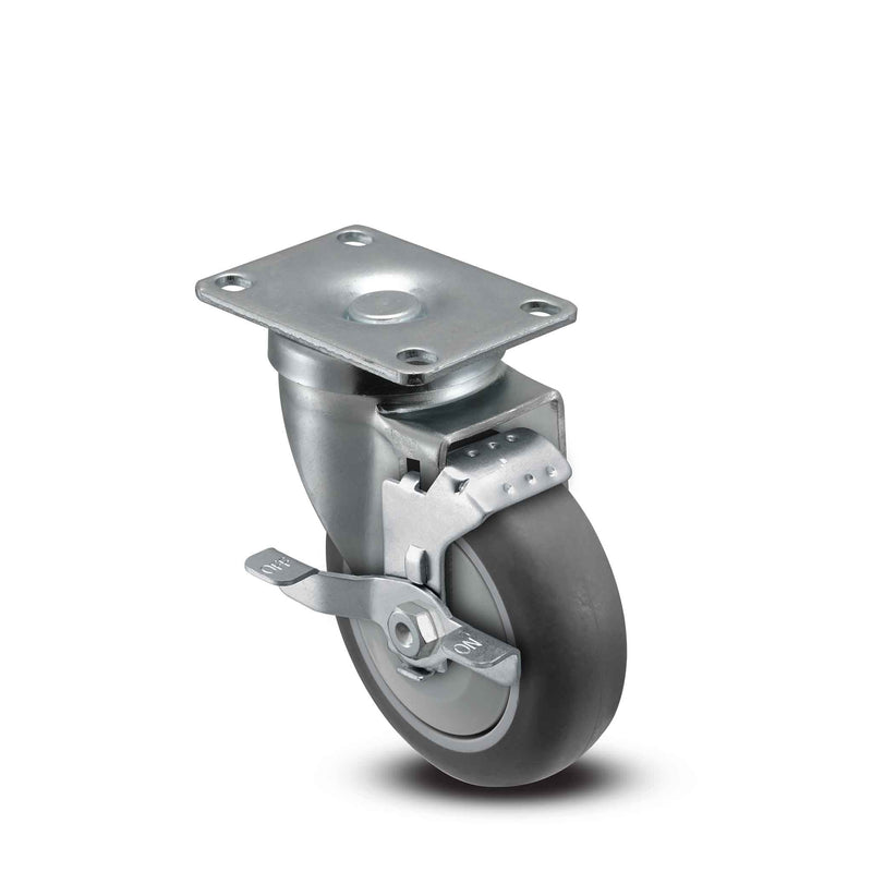 Main view of a Pemco Casters 4" x 1.25" wide wheel Swivel caster with 2-5/8" x 3-3/4" top plate, with a side locking brake, Thermoplastic Rubber wheel and 275 lb. capacity part