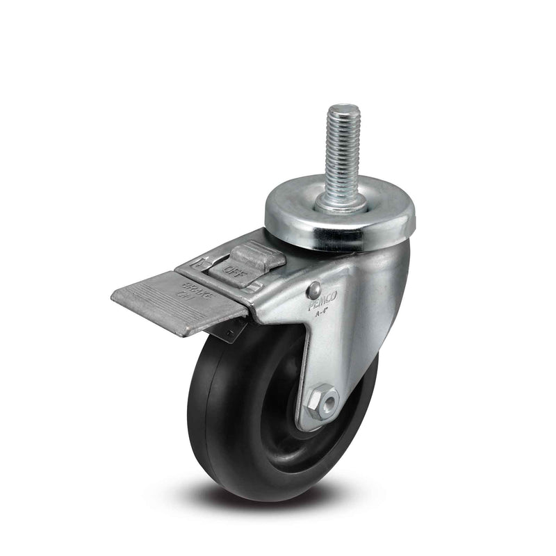 Main view of a Pemco Casters 4" x 1.25" wide wheel Swivel caster with 1/2"-13 x 1-1/2" stud, with a top total locking brake, Polypropylene wheel and 300 lb. capacity part