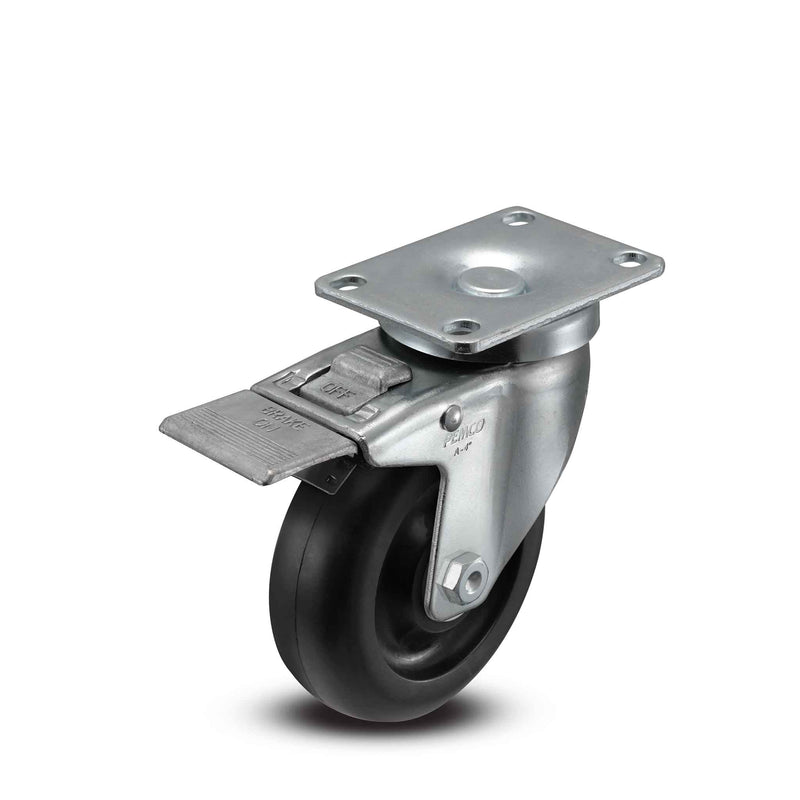 Main view of a Pemco Casters 4" x 1.25" wide wheel Swivel caster with 2-5/8" x 3-3/4" top plate, with a top total locking brake, Polypropylene wheel and 300 lb. capacity part