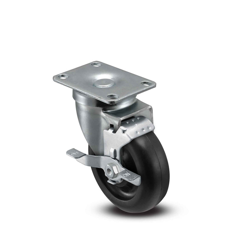 Main view of a Pemco Casters 4" x 1.25" wide wheel Swivel caster with 2-5/8" x 3-3/4" top plate, with a side locking brake, Polypropylene wheel and 300 lb. capacity part