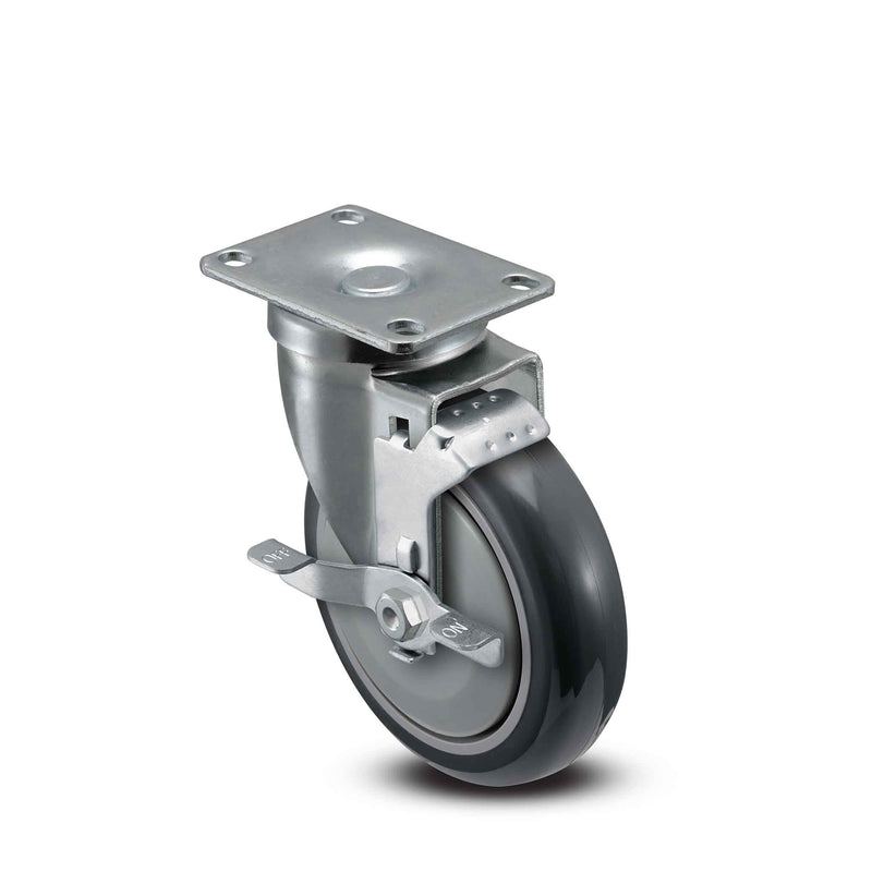 Main view of a Pemco Casters 5" x 1.25" wide wheel Swivel caster with 2-5/8" x 3-3/4" top plate, with a side locking brake, Thermo-Urethane wheel and 350 lb. capacity part