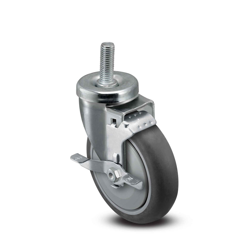 Main view of a Pemco Casters 5" x 1.25" wide wheel Swivel caster with 1/2"-13 x 1-1/2" stud, with a side locking brake, Thermoplastic Rubber wheel and 325 lb. capacity part
