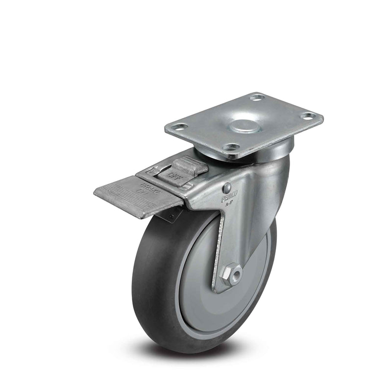 Main view of a Pemco Casters 5" x 1.25" wide wheel Swivel caster with 2-5/8" x 3-3/4" top plate, with a top total locking brake, Thermoplastic Rubber wheel and 325 lb. capacity part