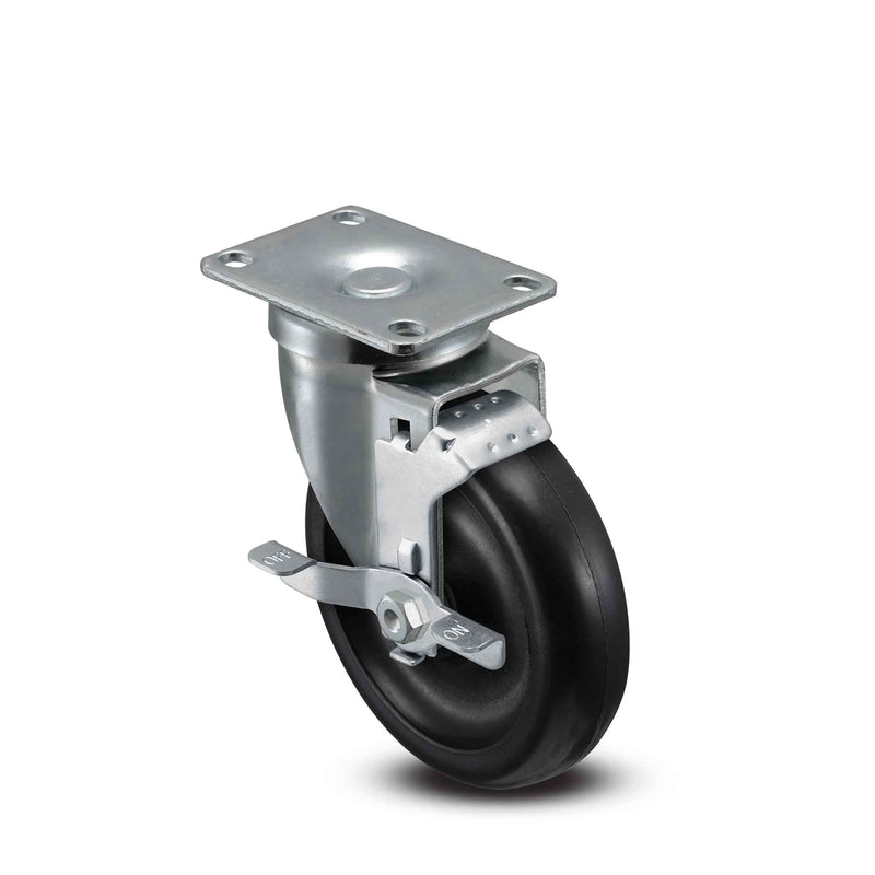Main view of a Pemco Casters 5" x 1.25" wide wheel Swivel caster with 2-5/8" x 3-3/4" top plate, with a side locking brake, Polypropylene wheel and 325 lb. capacity part