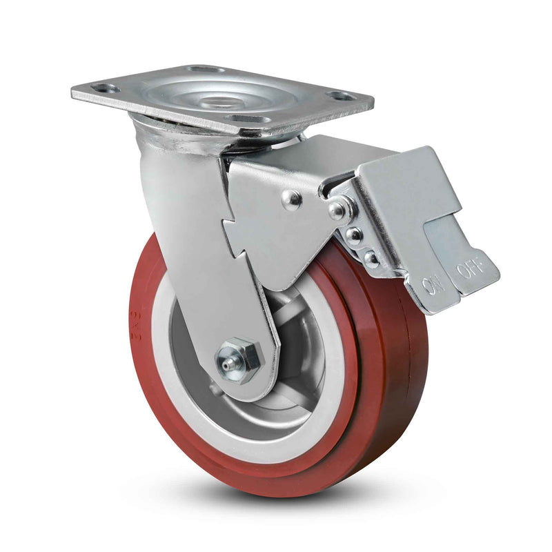 Main view of a Pemco Casters 5" x 2" wide wheel Swivel caster with 4" x 4-1/2" top plate, with a top total locking brake, Thermo-Urethane wheel and 600 lb. capacity part
