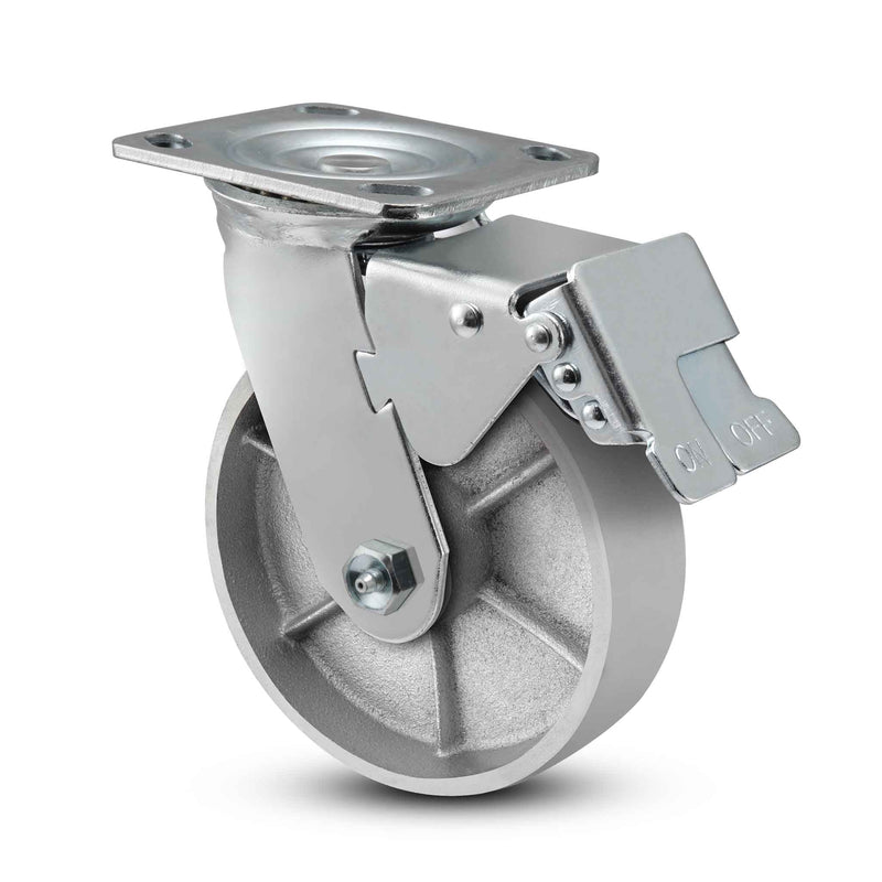 Main view of a Pemco Casters 6" x 2" wide wheel Swivel caster with 4" x 4-1/2" top plate, with a top total locking brake, Cast Iron wheel and 1200 lb. capacity part