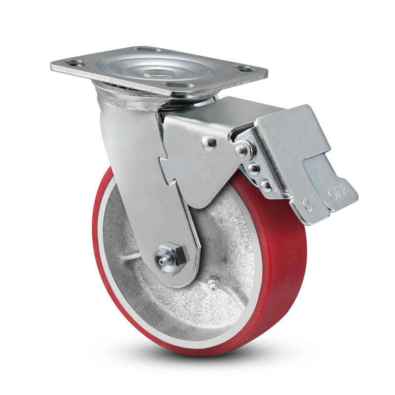 Main view of a Pemco Casters 4" x 2" wide wheel Swivel caster with 4" x 4-1/2" top plate, with a top total locking brake, Mold-on Poly wheel and 800 lb. capacity part
