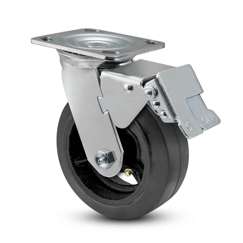 Main view of a Pemco Casters 6" x 2" wide wheel Swivel caster with 4" x 4-1/2" top plate, with a top total locking brake, Mold-on Rubber wheel and 550 lb. capacity part
