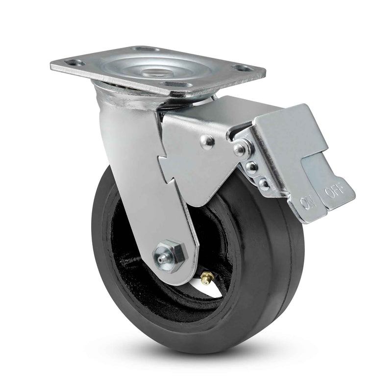 Main view of a Pemco Casters 5" x 2" wide wheel Swivel caster with 4" x 4-1/2" top plate, with a top total locking brake, Mold-on Rubber wheel and 400 lb. capacity part