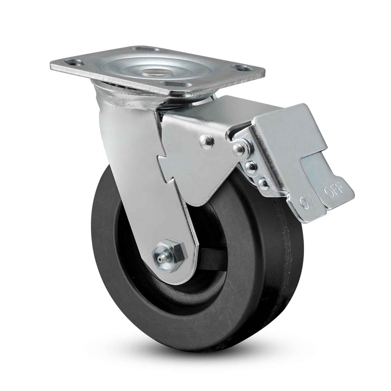 Main view of a Pemco Casters 4" x 2" wide wheel Swivel caster with 4" x 4-1/2" top plate, with a top total locking brake, Phenolic wheel and 800 lb. capacity part