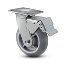 Main view of a Pemco Casters 6" x 2" wide wheel Swivel caster with 4" x 4-1/2" top plate, with a top total locking brake, Thermo-Rubber (Donut) wheel and 500 lb. capacity part
