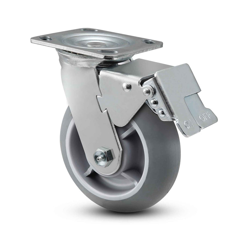Main view of a Pemco Casters 5" x 2" wide wheel Swivel caster with 4" x 4-1/2" top plate, with a top total locking brake, Thermo-Rubber (Donut) wheel and 350 lb. capacity part