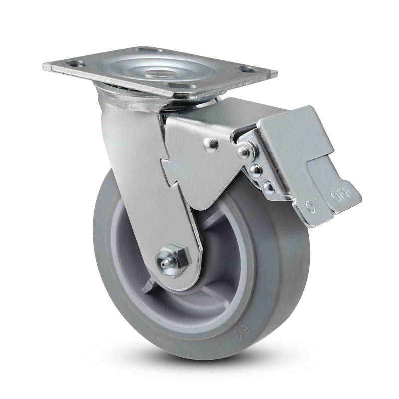 Main view of a Pemco Casters 8" x 2" wide wheel Swivel caster with 4" x 4-1/2" top plate, with a top total locking brake, Thermo-Rubber (Flat) wheel and 600 lb. capacity part