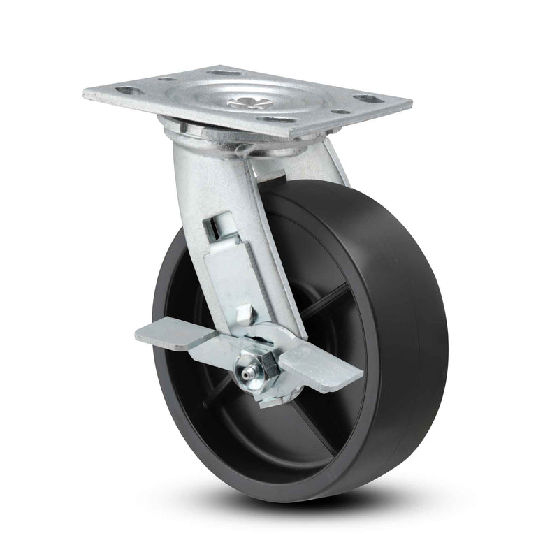 Main view of a Pemco Casters 5" x 2" wide wheel Swivel caster with 4" x 4-1/2" top plate, with a side locking brake, Polypropylene HD wheel and 600 lb. capacity part