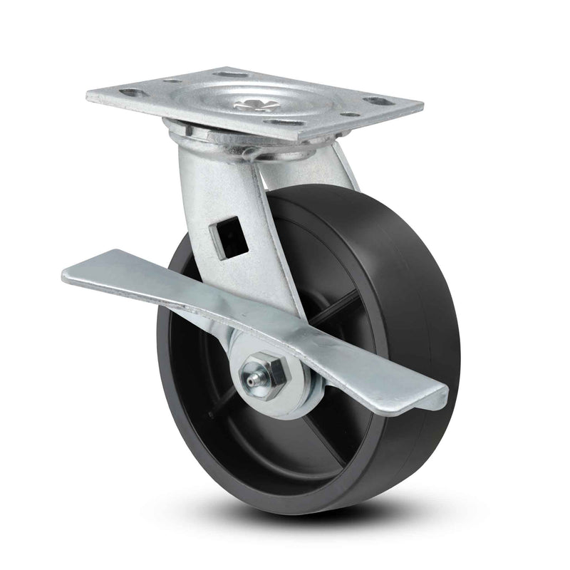 Main view of a Pemco Casters 6" x 2" wide wheel Swivel caster with 4" x 4-1/2" top plate, with a side locking brake, Polypropylene HD wheel and 600 lb. capacity part