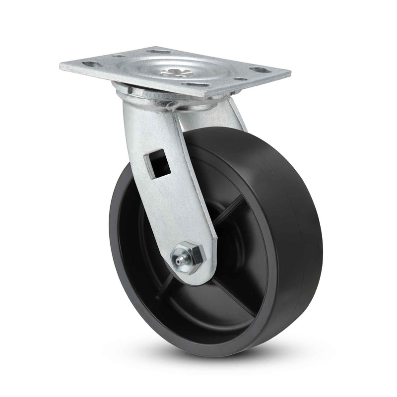 Main view of a Pemco Casters 6" x 2" wide wheel Swivel caster with 4" x 4-1/2" top plate, without a brake, Polypropylene HD wheel and 600 lb. capacity part