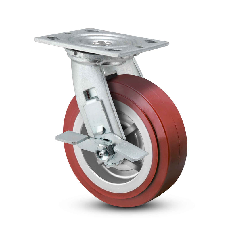 Main view of a Pemco Casters 6" x 2" wide wheel Swivel caster with 4" x 4-1/2" top plate, with a side locking brake, Thermo-Urethane wheel and 720 lb. capacity part
