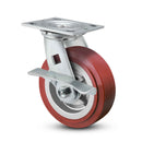 Main view of a Pemco Casters 4" x 2" wide wheel Swivel caster with 4" x 4-1/2" top plate, with a side locking brake, Thermo-Urethane wheel and 500 lb. capacity part