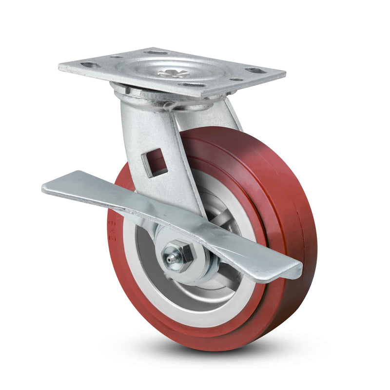 Main view of a Pemco Casters 5" x 2" wide wheel Swivel caster with 4" x 4-1/2" top plate, with a side locking brake, Thermo-Urethane wheel and 600 lb. capacity part