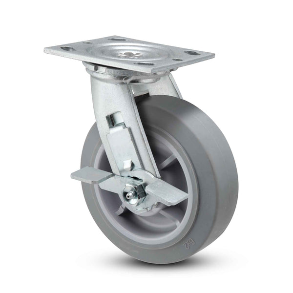 Main view of a Pemco Casters 5" x 2" wide wheel Swivel caster with 4" x 4-1/2" top plate, with a side locking brake, Thermo-Rubber (Flat) wheel and 350 lb. capacity part# ES5X2TPRTBK