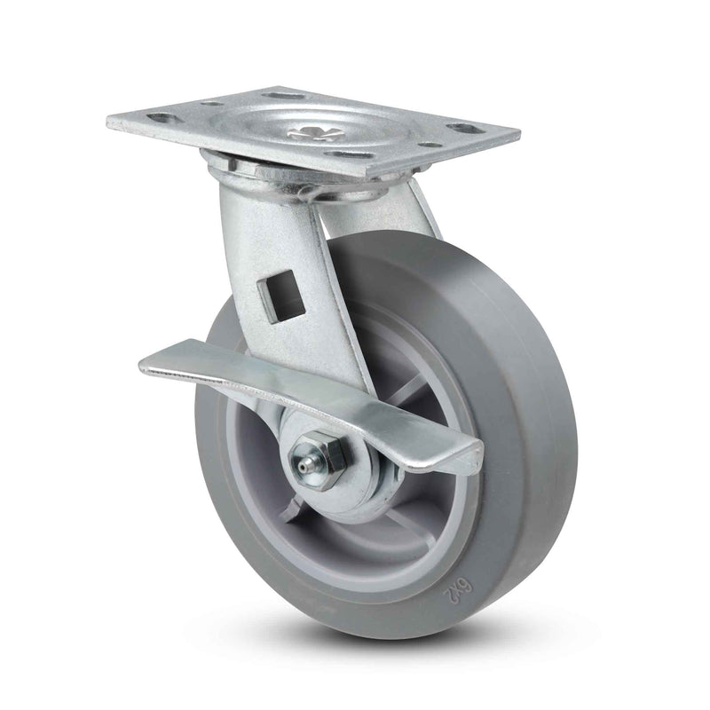 Main view of a Pemco Casters 4" x 2" wide wheel Swivel caster with 4" x 4-1/2" top plate, with a side locking brake, Thermo-Rubber (Flat) wheel and 300 lb. capacity part