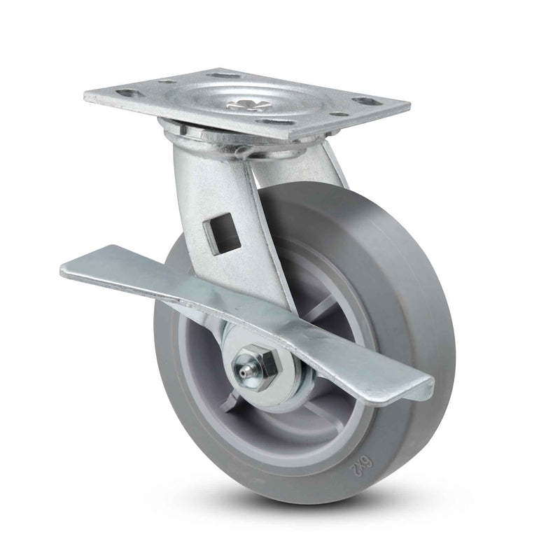 Main view of a Pemco Casters 6" x 2" wide wheel Swivel caster with 4" x 4-1/2" top plate, with a side locking brake, Thermo-Rubber (Flat) wheel and 500 lb. capacity part