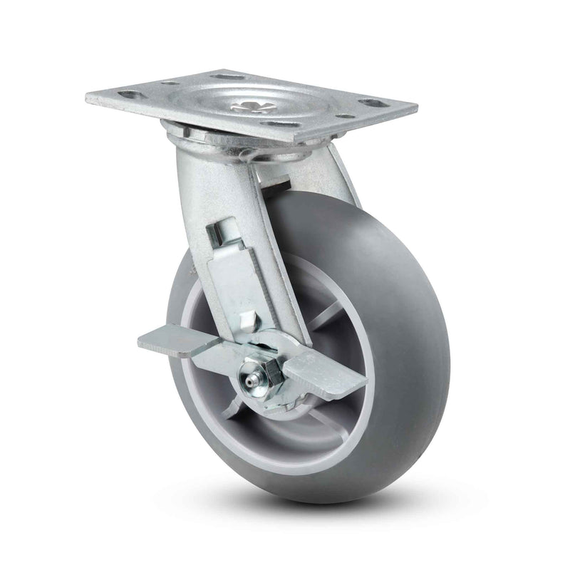 Main view of a Pemco Casters 8" x 2" wide wheel Swivel caster with 4" x 4-1/2" top plate, with a side locking brake, Thermo-Rubber (Donut) wheel and 600 lb. capacity part