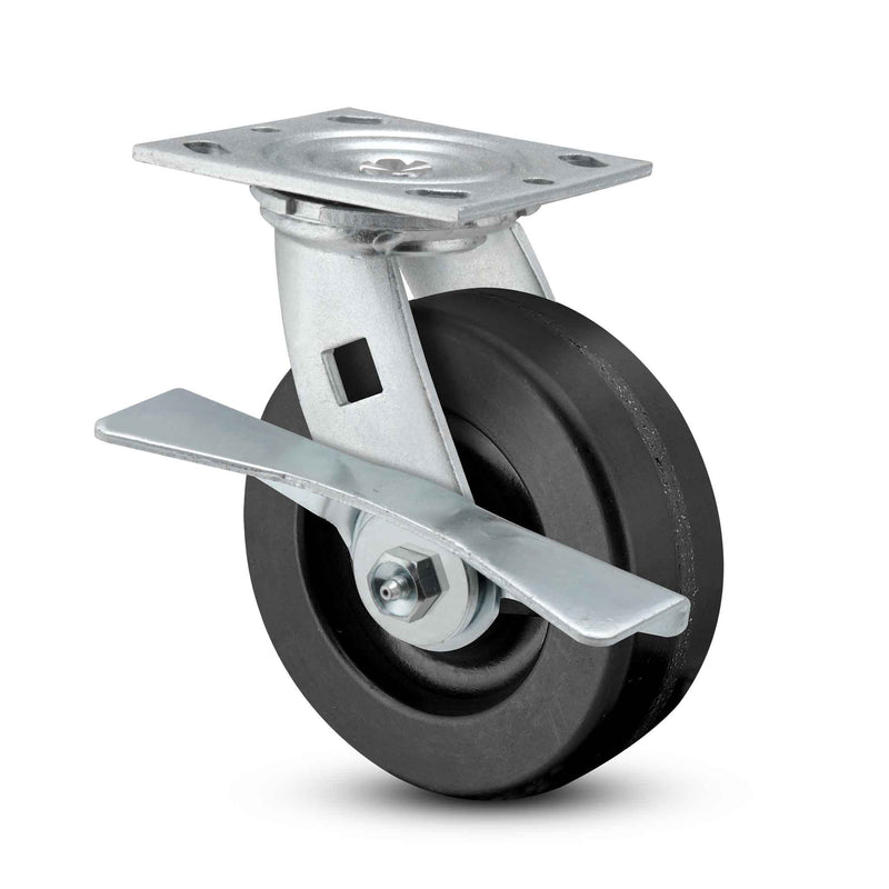 Main view of a Pemco Casters 6" x 2" wide wheel Swivel caster with 4" x 4-1/2" top plate, with a side locking brake, Phenolic wheel and 1200 lb. capacity part