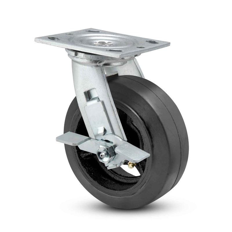 Main view of a Pemco Casters 8" x 2" wide wheel Swivel caster with 4" x 4-1/2" top plate, with a side locking brake, Mold-on Rubber wheel and 600 lb. capacity part