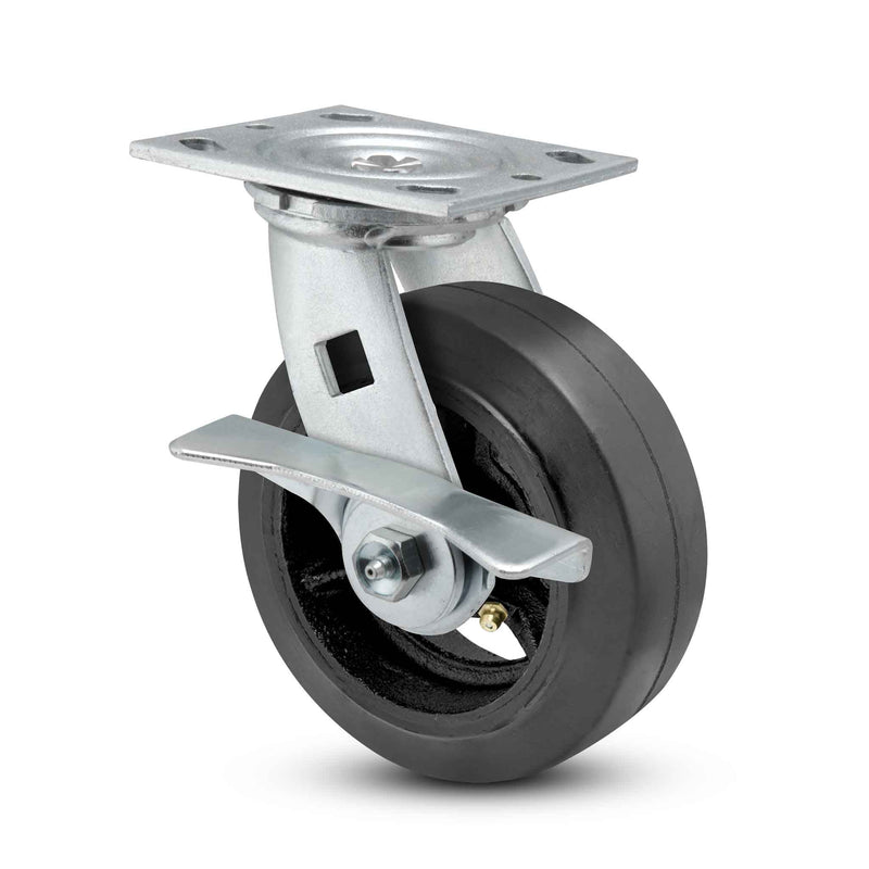 Main view of a Pemco Casters 4" x 2" wide wheel Swivel caster with 4" x 4-1/2" top plate, with a side locking brake, Mold-on Rubber wheel and 400 lb. capacity part
