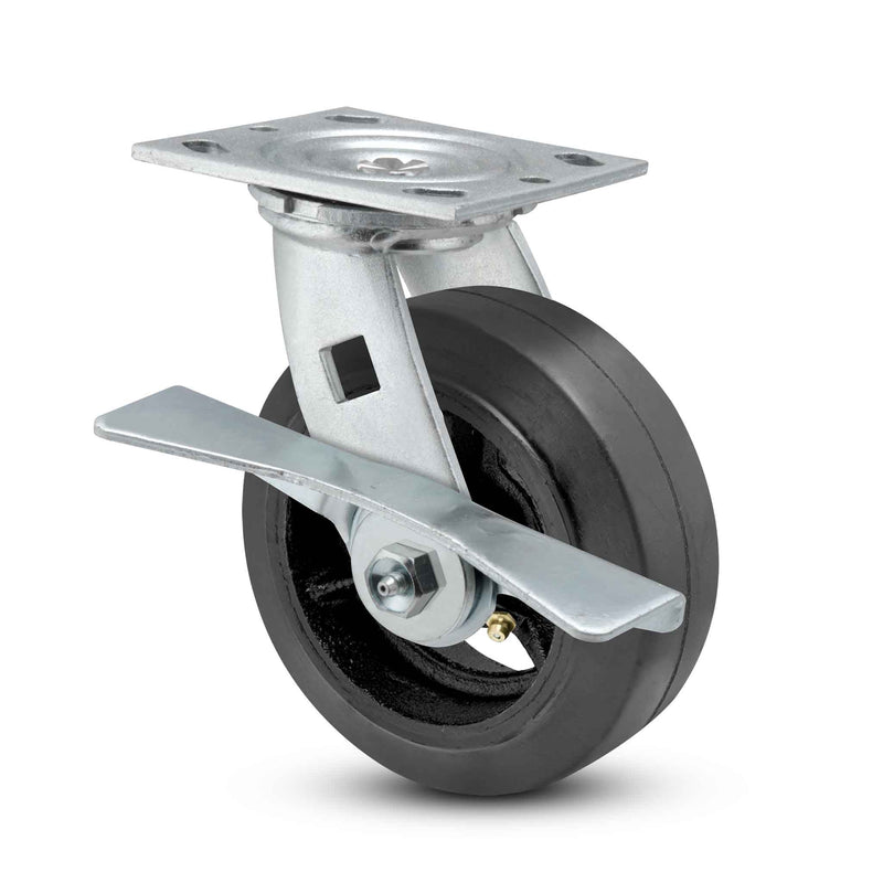 Main view of a Pemco Casters 8" x 2" wide wheel Swivel caster with 4" x 4-1/2" top plate, with a side locking brake, Mold-on Rubber wheel and 600 lb. capacity part