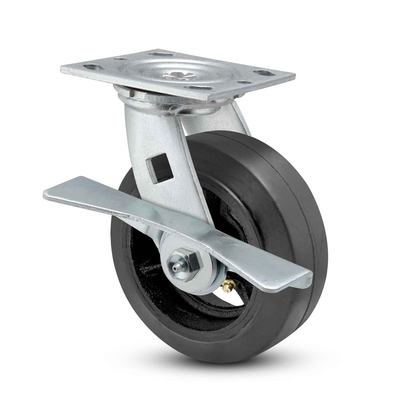 Main view of a Pemco Casters 6" x 2" wide wheel Swivel caster with 4" x 4-1/2" top plate, with a side locking brake, Mold-on Rubber wheel and 550 lb. capacity part