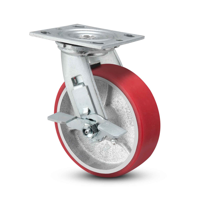 Main view of a Pemco Casters 6" x 2" wide wheel Swivel caster with 4" x 4-1/2" top plate, with a side locking brake, Mold-on Poly wheel and 1200 lb. capacity part