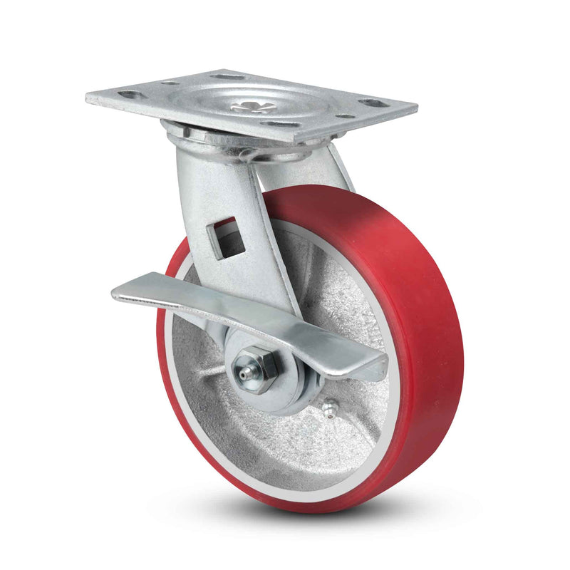 Main view of a Pemco Casters 4" x 2" wide wheel Swivel caster with 4" x 4-1/2" top plate, with a side locking brake, Mold-on Poly wheel and 800 lb. capacity part