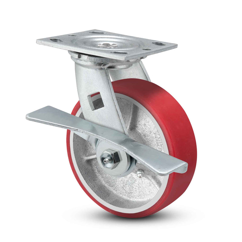 Main view of a Pemco Casters 8" x 2" wide wheel Swivel caster with 4" x 4-1/2" top plate, with a side locking brake, Mold-on Poly wheel and 1250 lb. capacity part
