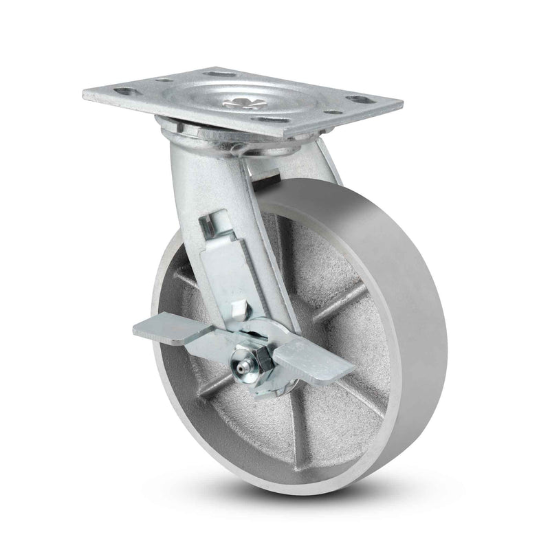 Main view of a Pemco Casters 6" x 2" wide wheel Swivel caster with 4" x 4-1/2" top plate, with a side locking brake, Cast Iron wheel and 1200 lb. capacity part